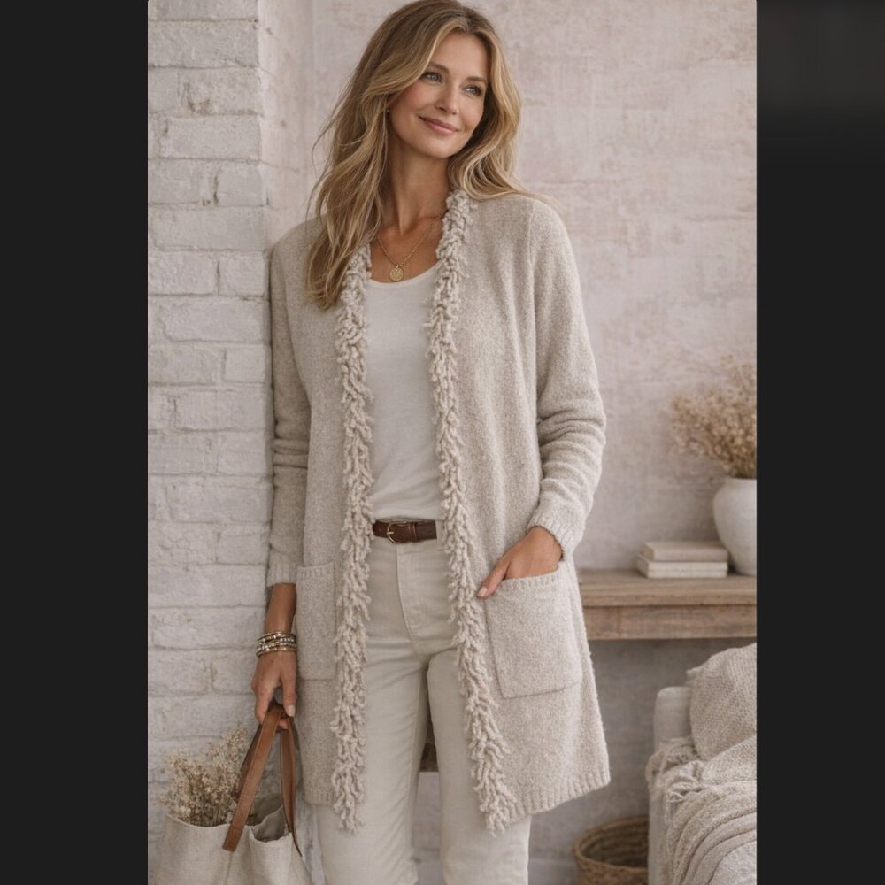 J. Jill Fringe Trim Cardigan Medium Tall Flax Heather Longline Pockets Boho NWT